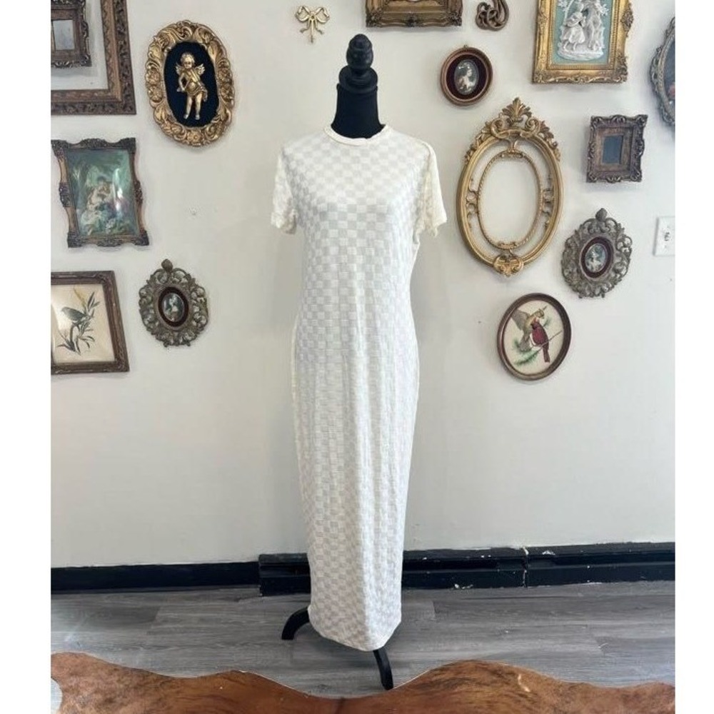 Amanda‎ Uprichard Cream Checkerboard Knit Short Sleeve Maxi Dress
